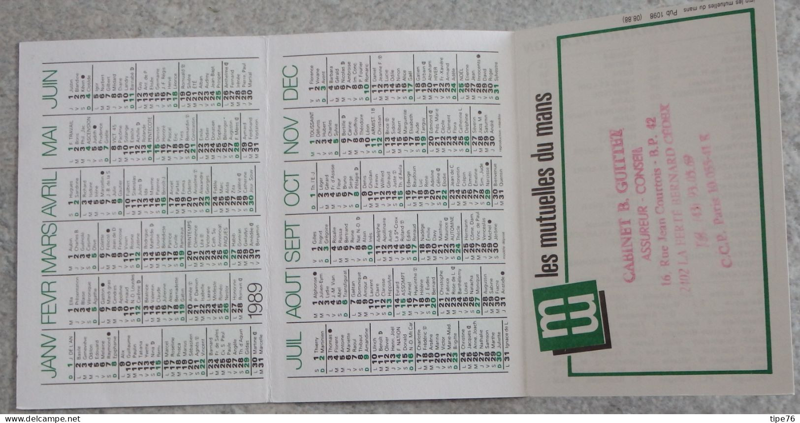 Petit Calendrier Poche 1989 Assurances Les Mutuelles Du Mans Le Mans Sarthe - La Ferté Bernard - Petit Format : 1981-90