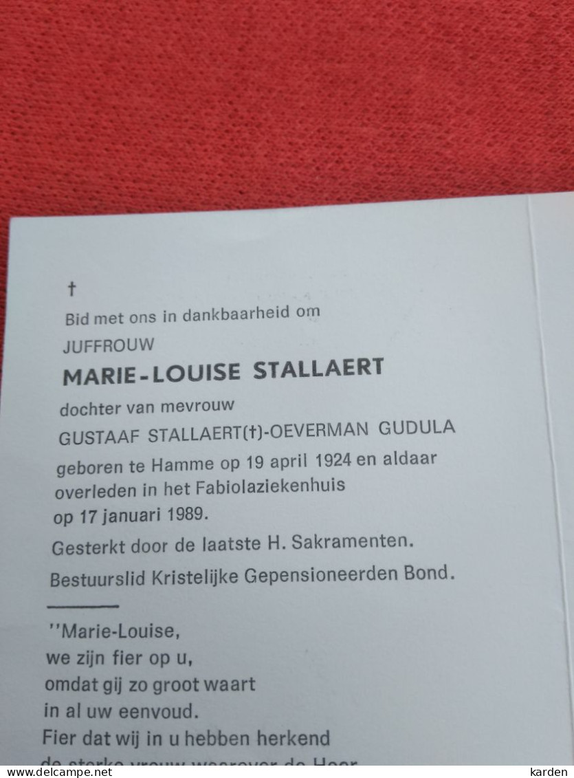 Doodsprentje Marie Louise Stallaert / Hamme 19/4/1924 - 17/1/1989 ( D.v. Gustaaf Stallaert En Gudula Oeverman ) - Religion & Esotérisme