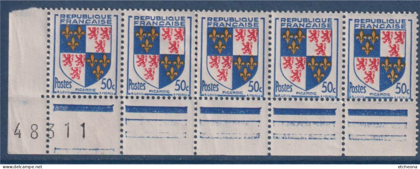 Picardie Armoiries De Provinces VI N°951 Bande 5 Timbres Neufs Avec Bas De Feuille Numéroté 48311 - 1941-66 Escudos Y Blasones