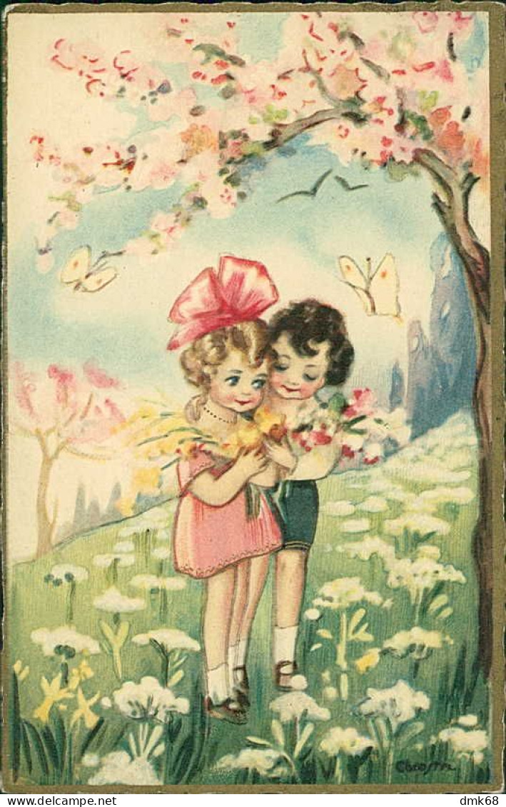 CHIOSTRI SIGNED 1920s POSTCARD - BOY & GIRL & FLOWERS TREE - EDIT BALLERINI & FRATINI - N.319 (5609) - Chiostri, Carlo