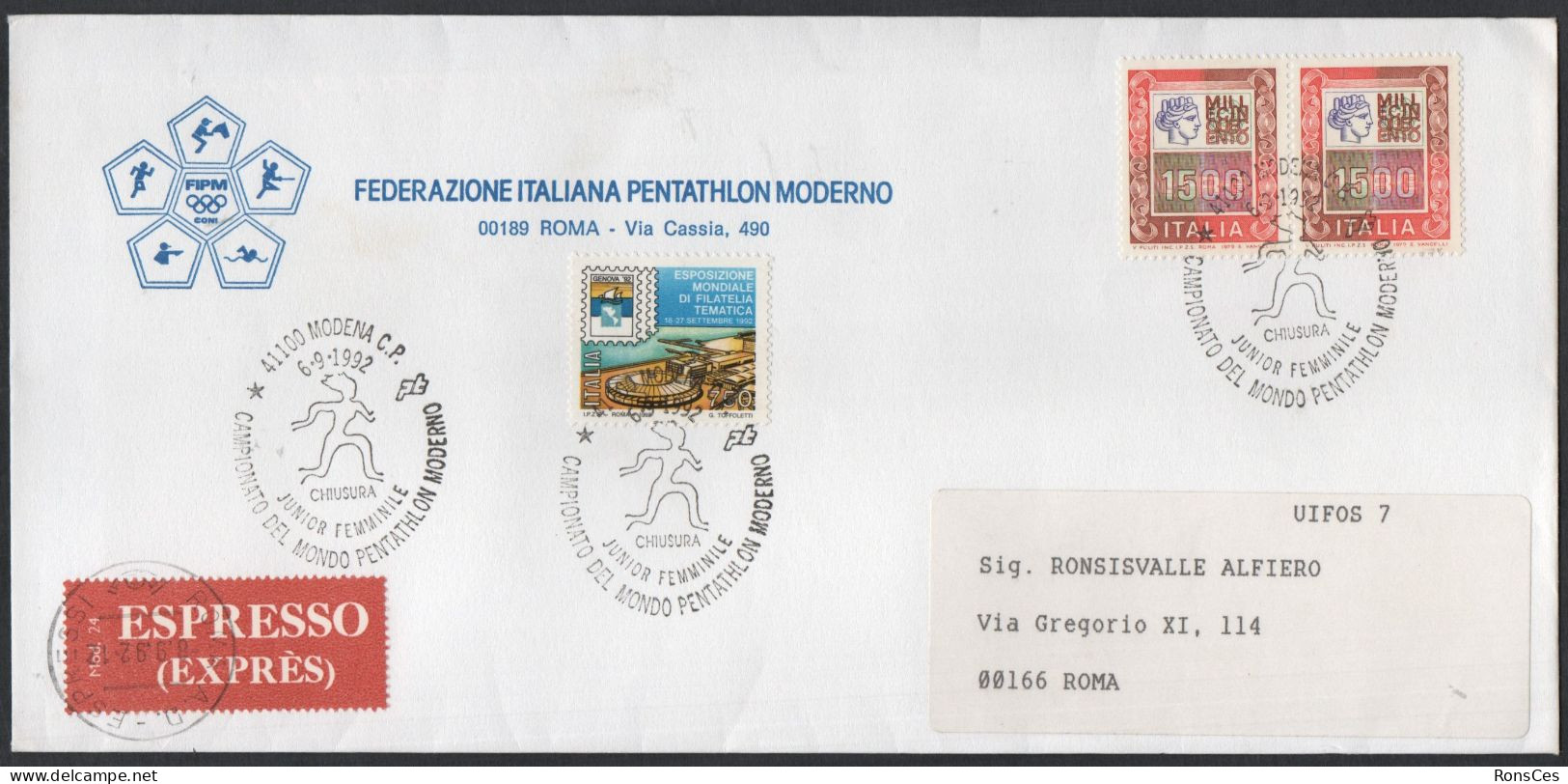 ITALIA MODENA 1992 - CAMPIONATO DEL MONDO PENTATHLON MODERNO JUNIOR FEMMINILE - CHIUSURA - ESPRESSO - A - Autres & Non Classés
