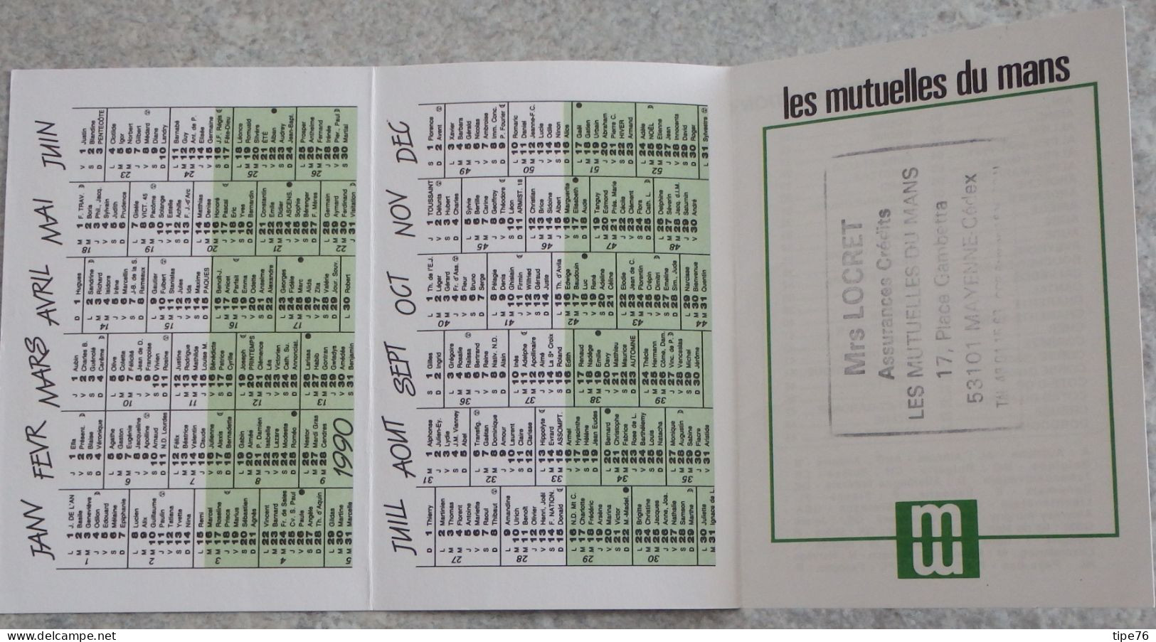 Petit Calendrier Poche 1990 Assurances Les Mutuelles Du Mans Le Mans Sarthe - Mayenne - Small : 1981-90