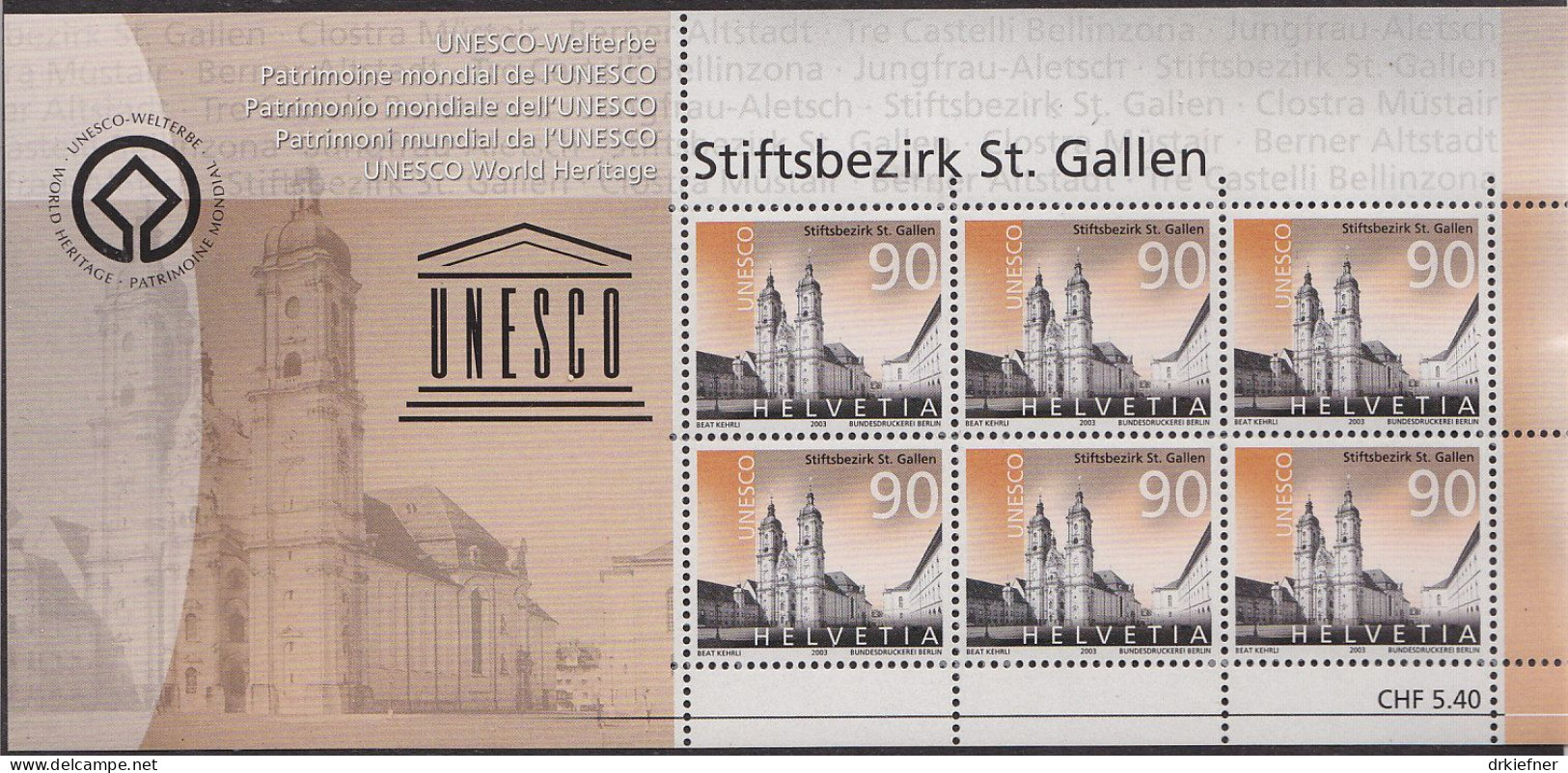 SCHWEIZ  1846-1850, 5 Kleinbogen, Postfrisch **, UNESCO-Welterbe, 2003 (27,00 SFr Nominale) - Blocs & Feuillets