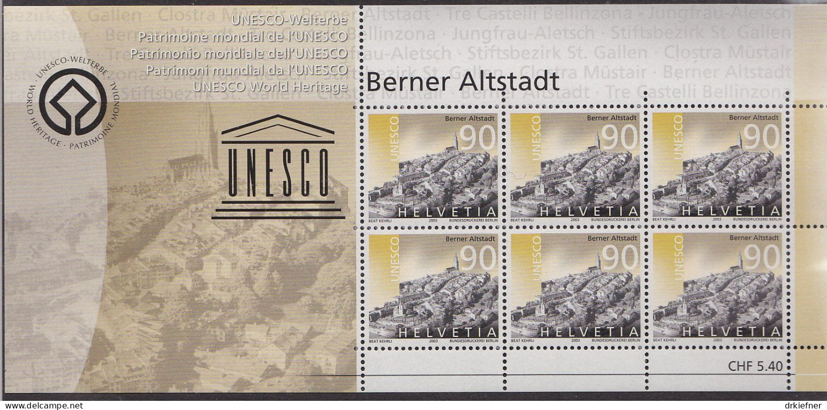 SCHWEIZ  1846-1850, 5 Kleinbogen, Postfrisch **, UNESCO-Welterbe, 2003 (27,00 SFr Nominale) - Blocs & Feuillets