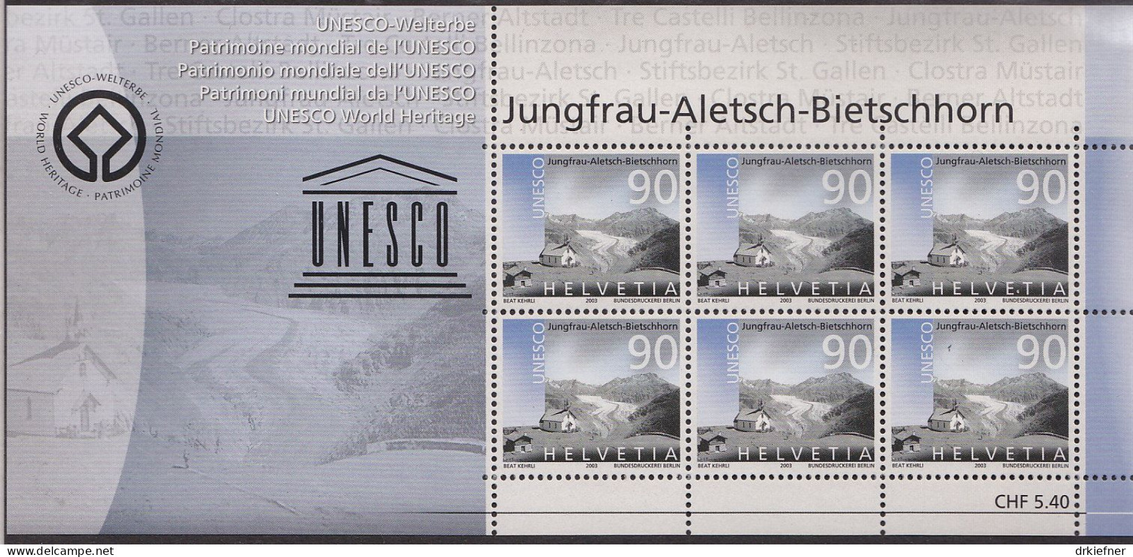 SCHWEIZ  1846-1850, 5 Kleinbogen, Postfrisch **, UNESCO-Welterbe, 2003 (27,00 SFr Nominale) - Blocs & Feuillets