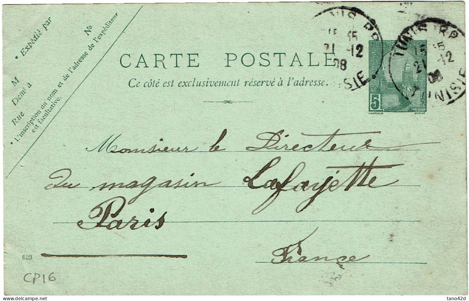 CTN85E - TUNISIE CARTE POSTALE N° 16 TUNIS / PARIS 21/12/1908 - Covers & Documents