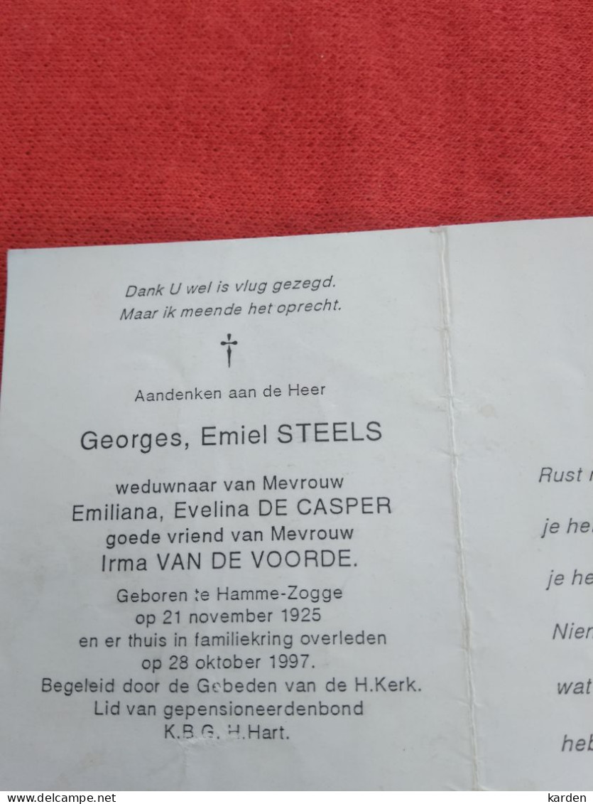 Doodsprentje Georges Emiel Steels / Hamme Zogge 21/11/1925 - 28/10/1997( Emiliana Evelina De Casper / Irma Van De Voorde - Religion & Esotericism