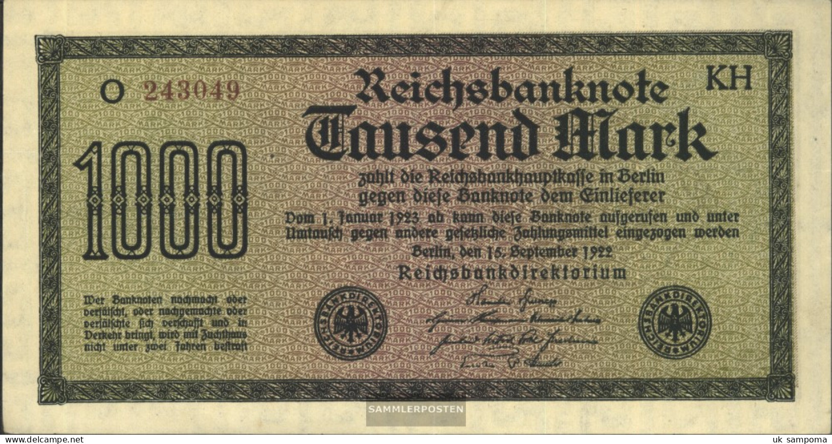 German Empire Rosenbg: 75i, Watermark Mäander Brown Kontrollnummer Used (III) 1922 1.000 Mark - 1000 Mark