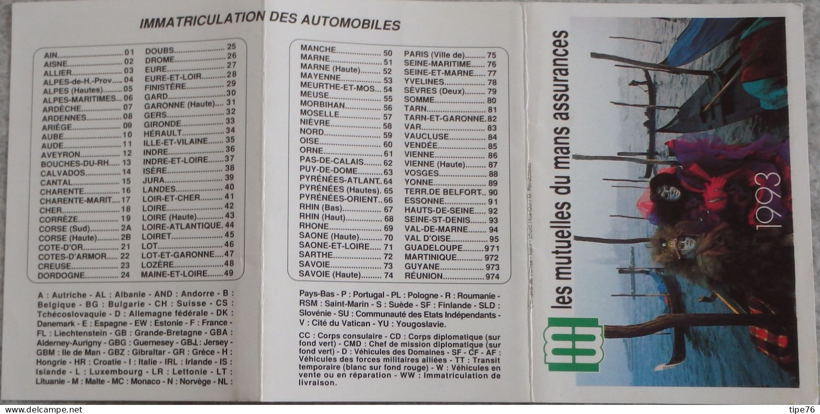 Petit Calendrier Poche 1993 Assurances Les Mutuelles Du Mans Le Mans Sarthe - Aigrefeuille Sur Maine - Venise - Petit Format : 1991-00