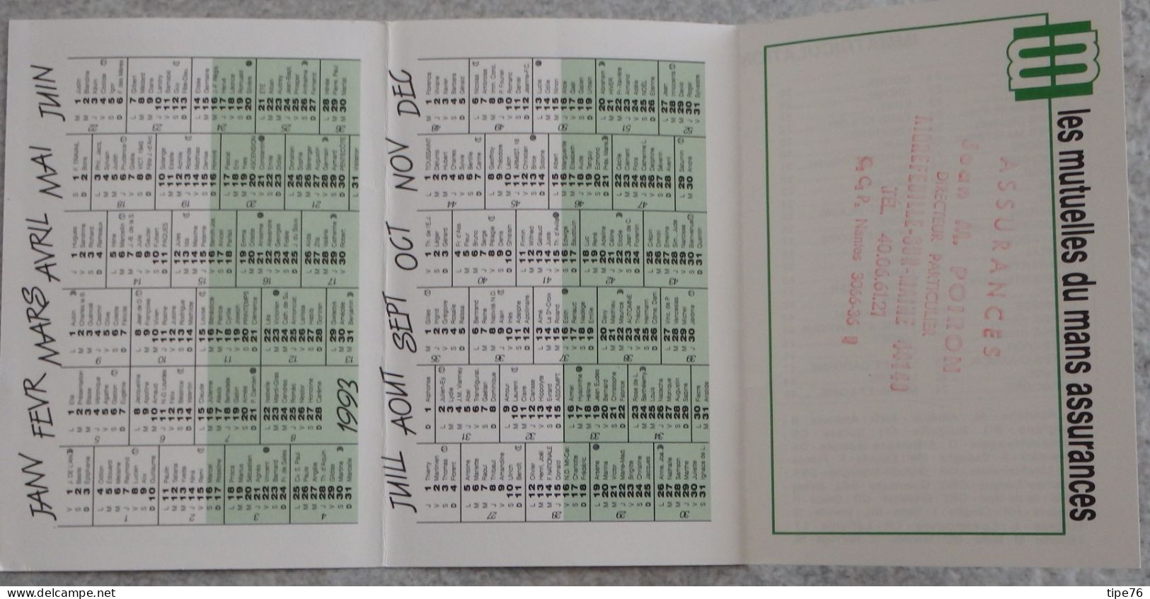 Petit Calendrier Poche 1993 Assurances Les Mutuelles Du Mans Le Mans Sarthe - Aigrefeuille Sur Maine - Venise - Small : 1991-00