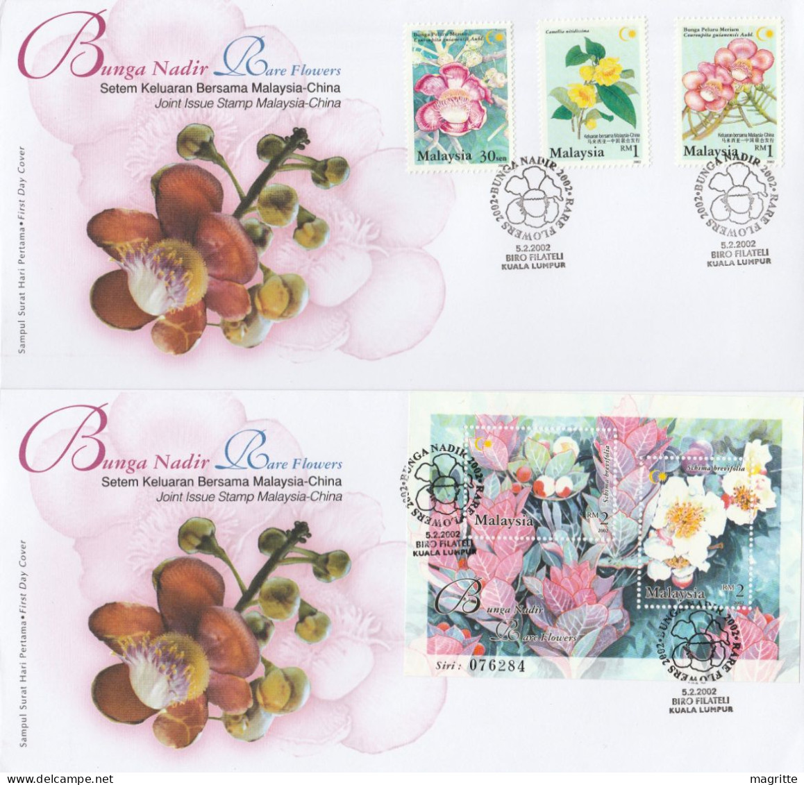 Malaisie 2002 FDC 's Emission Commune Chine Fleurs Malaysia Rare Flowers Joint Issue China FDC's - Emissions Communes