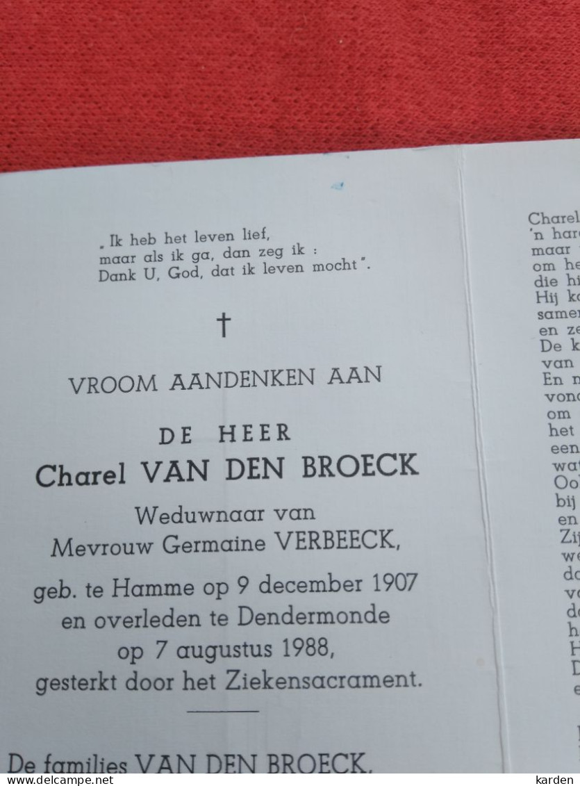 Doodsprentje Charel Van Den Broeck / Hamme 9/12/1907 Dendermonde 7/8/1998 ( Germaine Verbeeck ) - Godsdienst & Esoterisme