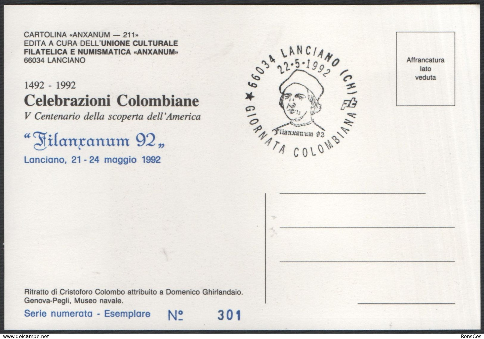 ITALIA LANCIANO (CH) 22.05.1992 - FILANXANUM '92 - GIORNATA COLOMBIANA - CARTOLINA UFFICIALE - A - Philatelic Exhibitions