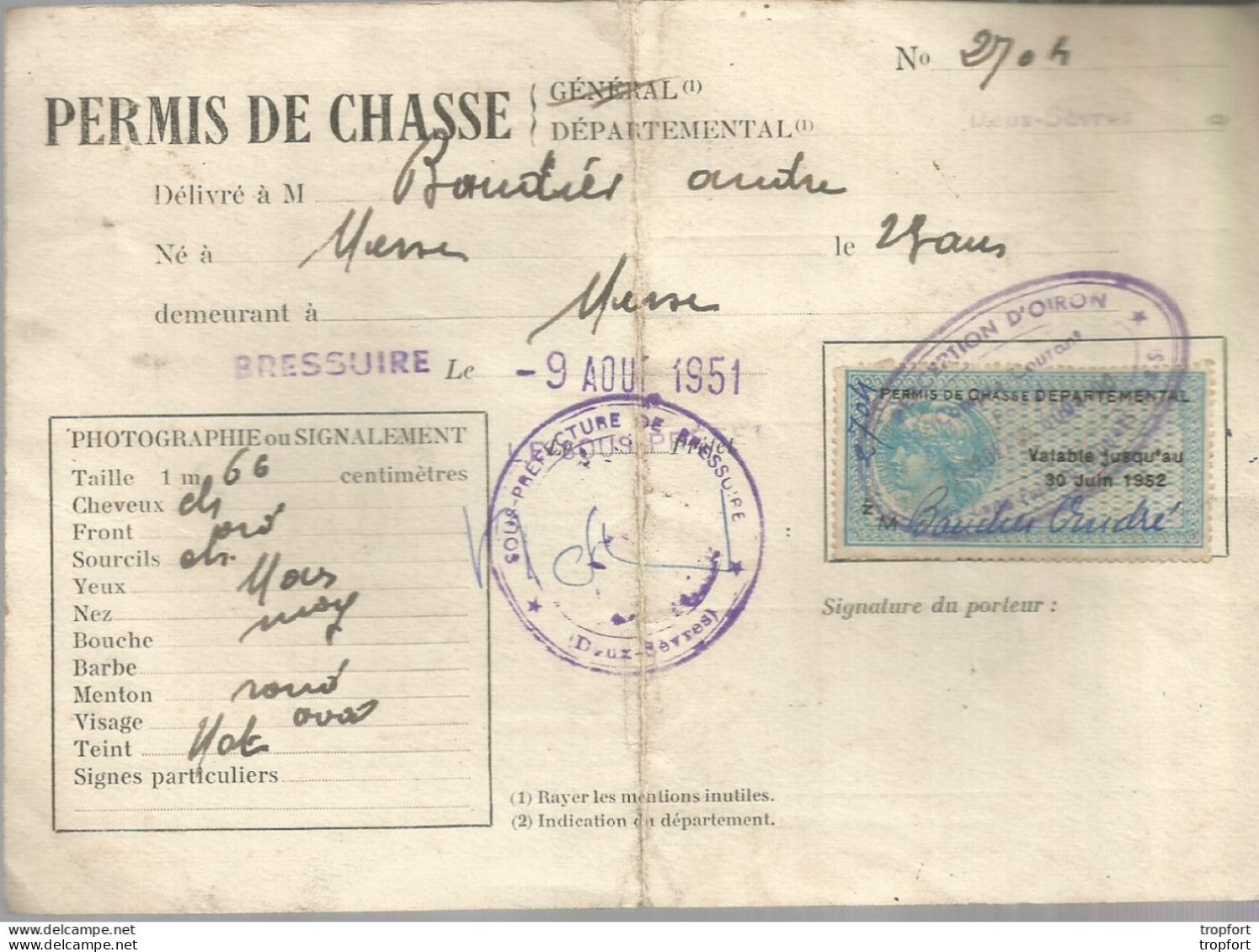 Permis De CHASSE Timbres Fiscaux 1951 BRESSUIRE - Documents Historiques