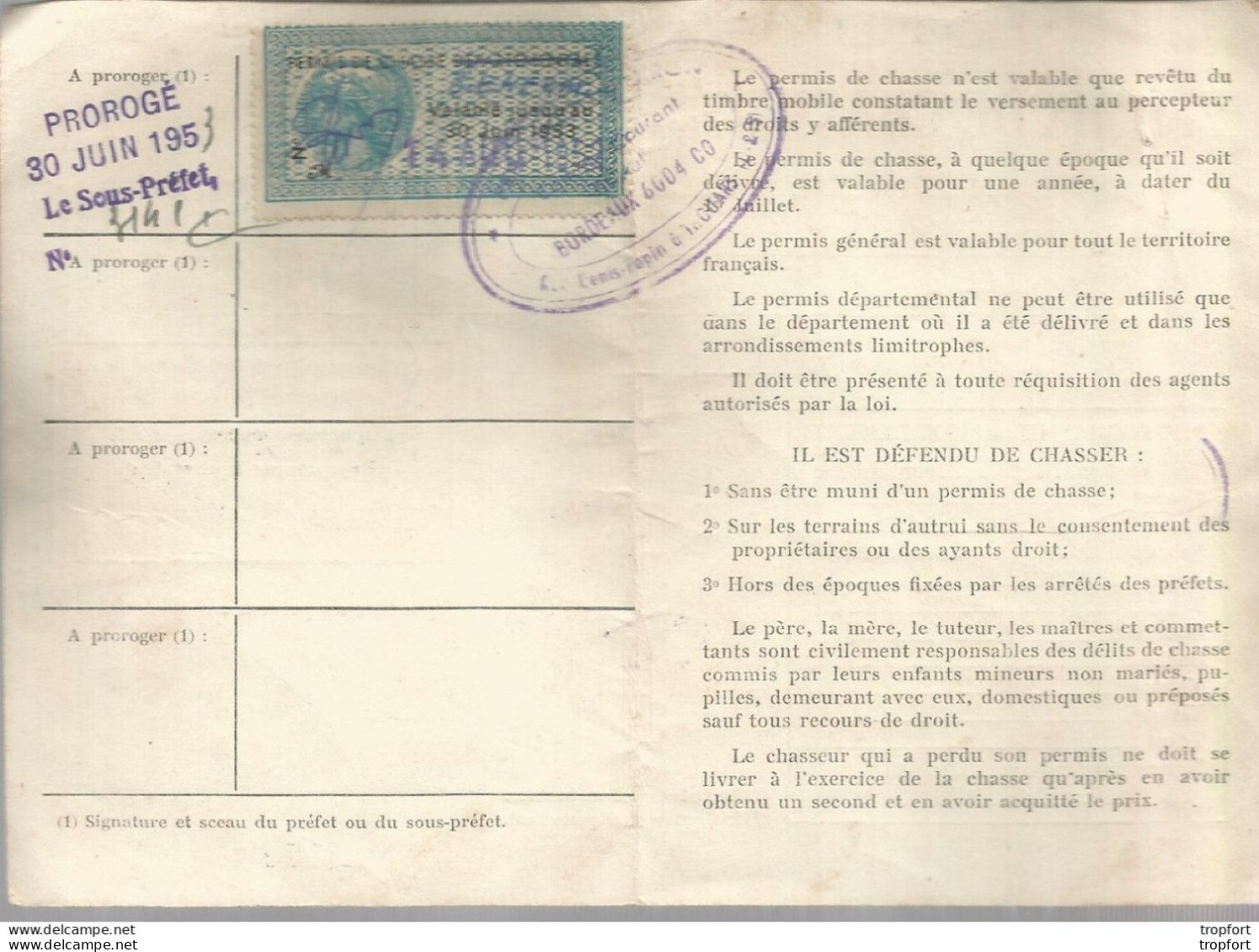 Permis De CHASSE Timbres Fiscaux 1951 BRESSUIRE - Documents Historiques