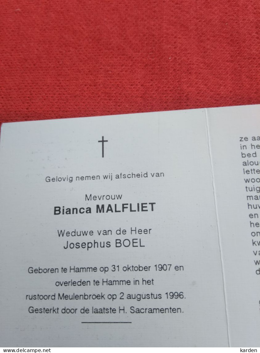 Doodsprentje Bianca Malfliet / Hamme 31/10/1907 - 2/8/1996 ( Josephus Boel ) - Religione & Esoterismo