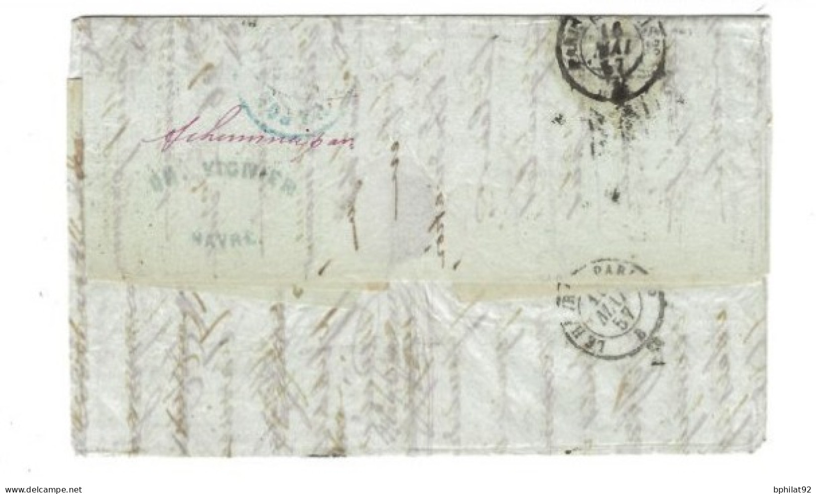 !!! FRANCE, LETTRE POUR LIMA  (PEROU) 1857 PAR BÂTEAU ATRATO (LE HAVRE). DÉFAUT À L'UN DES TIMBRES - 1849-1876: Classic Period