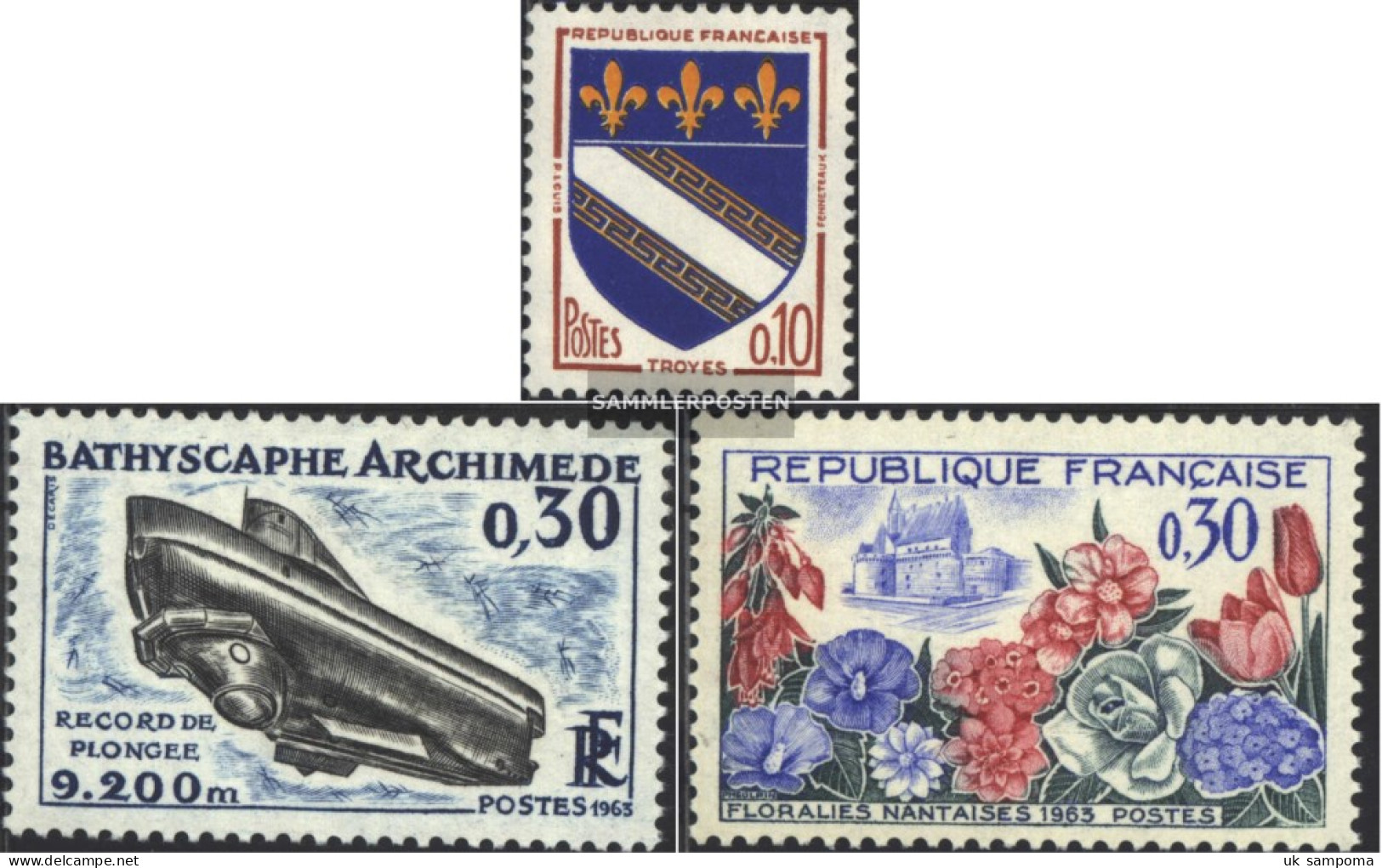 France 1420,1421,1422 (complete Issue) Unmounted Mint / Never Hinged 1963 Crest, U-Boat, Flowers - Neufs