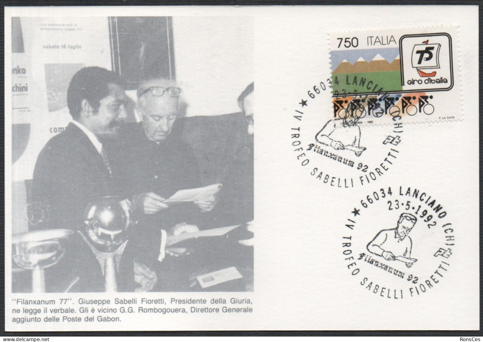 ITALIA LANCIANO (CH) 23.05.1992 - FILANXANUM '92 - IV TROFEO SABELLI FIORETTI - CARTOLINA UFFICIALE - A - Expositions Philatéliques