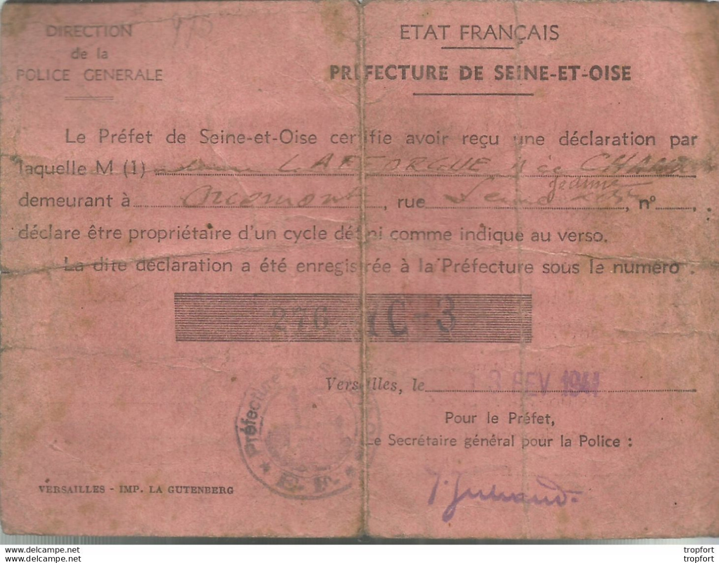 CA / Vieux PERMIS CYCLE 1941 Seine Et Oise POLICE Numéro Versailles TIMBRES FISCAUX 1946 44 43 45 - Documents Historiques