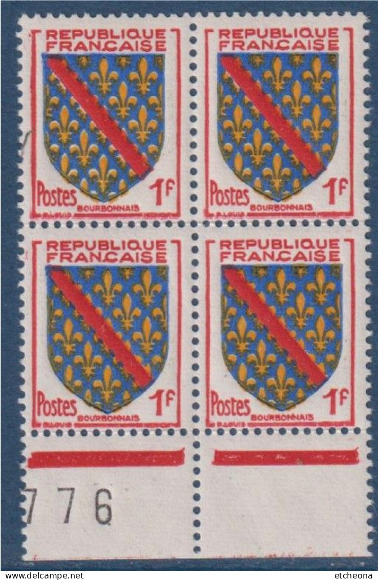 Bourbonnais Armoiries De Provinces VII N°1002 Bloc De 4 Timbres Neufs Avec Bas De Feuille - 1941-66 Armoiries Et Blasons