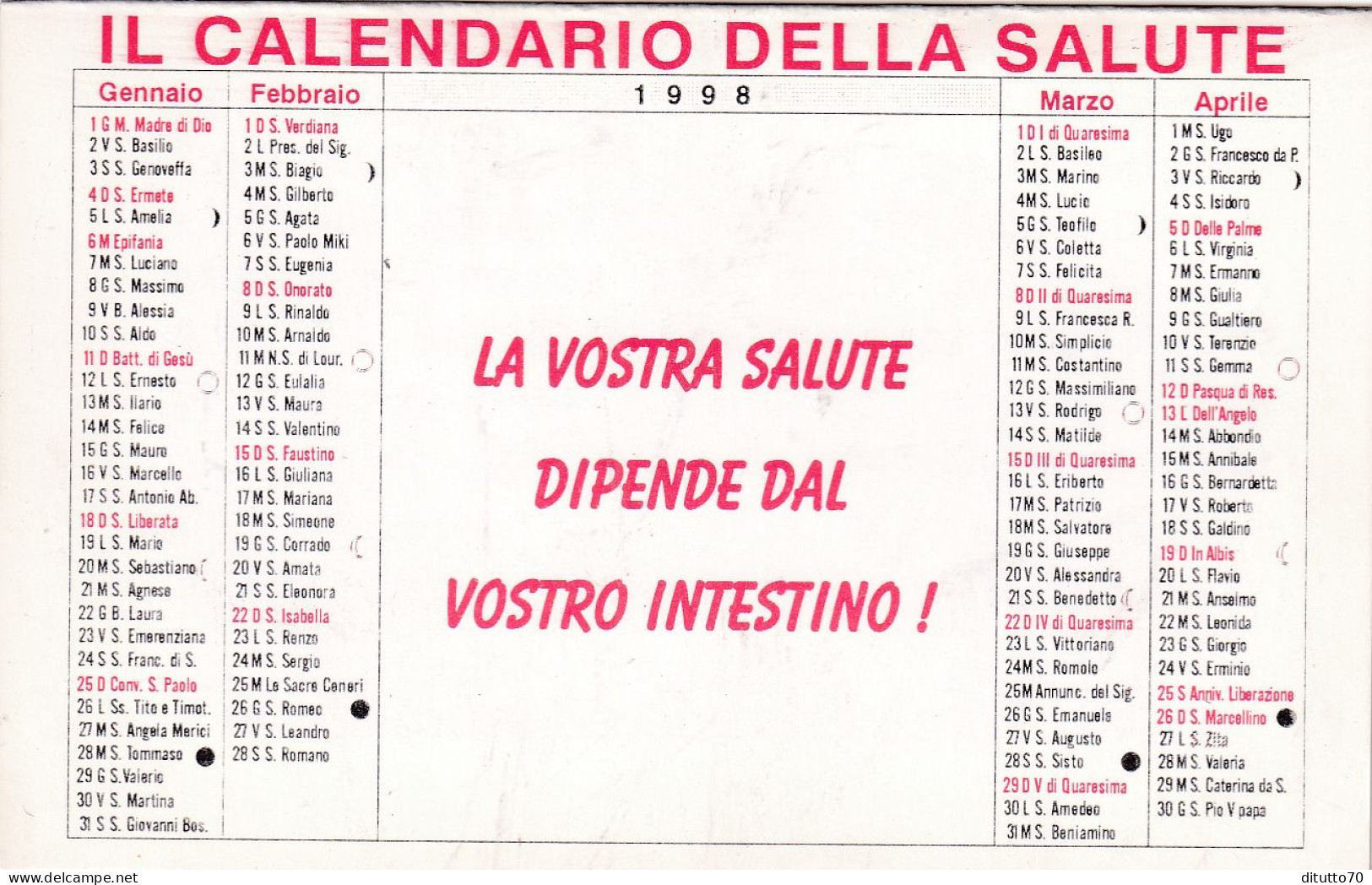 Calendarietto - Della Salute - Anno 1998 - Petit Format : 1991-00