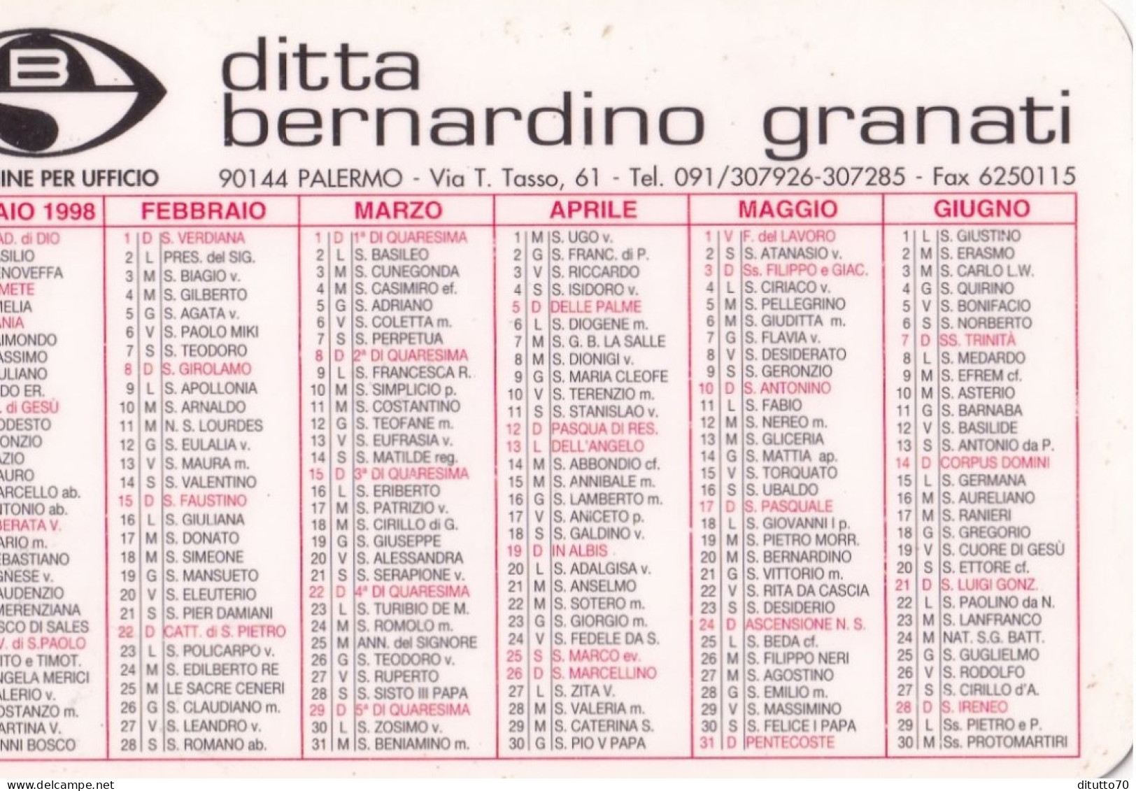 Calendarietto - Ditta Bernardino Granati - Palermo - Anno 1998 - Kleinformat : 1991-00