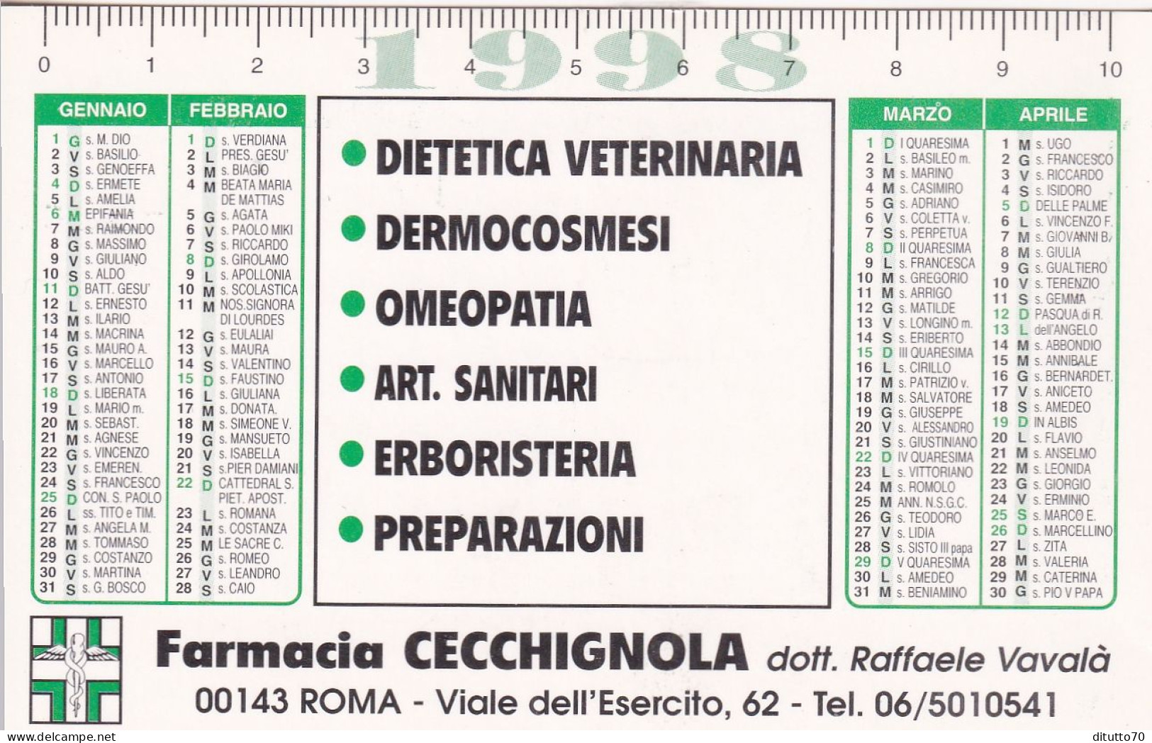 Calendarietto - Farmacia Cecchignola - Roma - Anno 1998 - Formato Piccolo : 1991-00