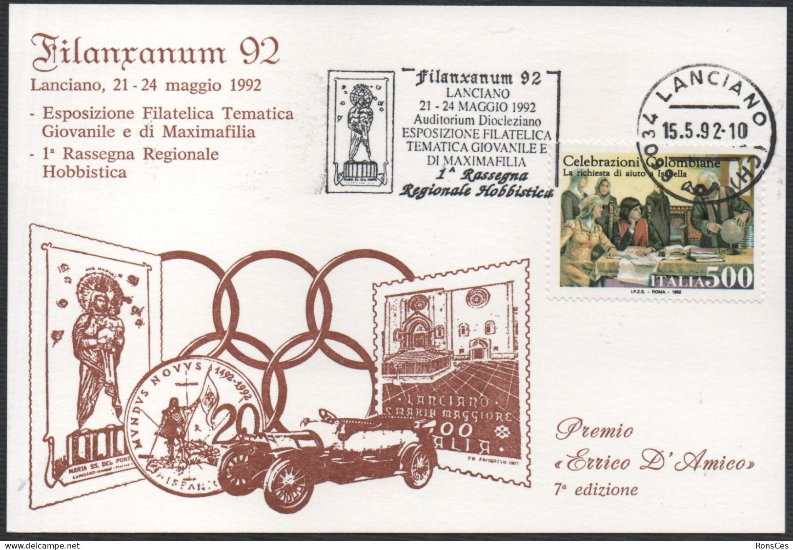 ITALIA LANCIANO (CH) 15.05.1992 - FILANXANUM '92 - ESPOSIZIONE FILATELICA TEMATICA GIOVANILE - TARGHETTA - C.U. - A - Expositions Philatéliques