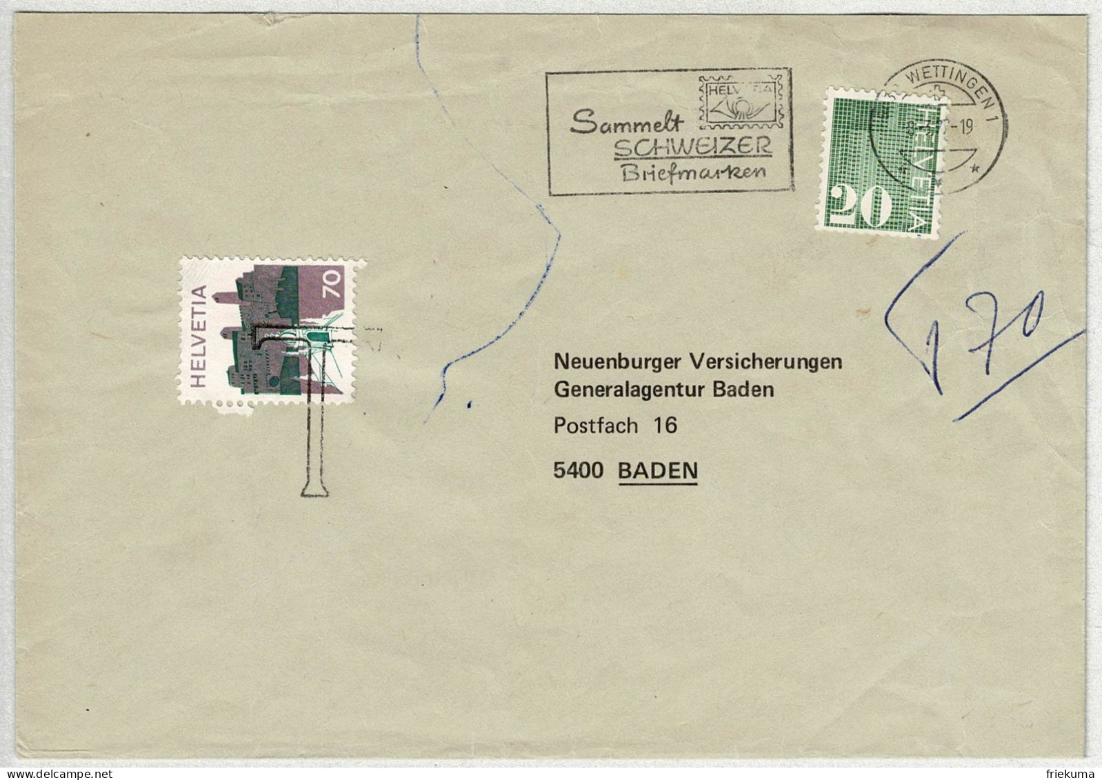 Schweiz 1977, Brief Wettingen - Baden, Automatenmarke, Nachtaxiert Landschaftsbilder - Briefe U. Dokumente