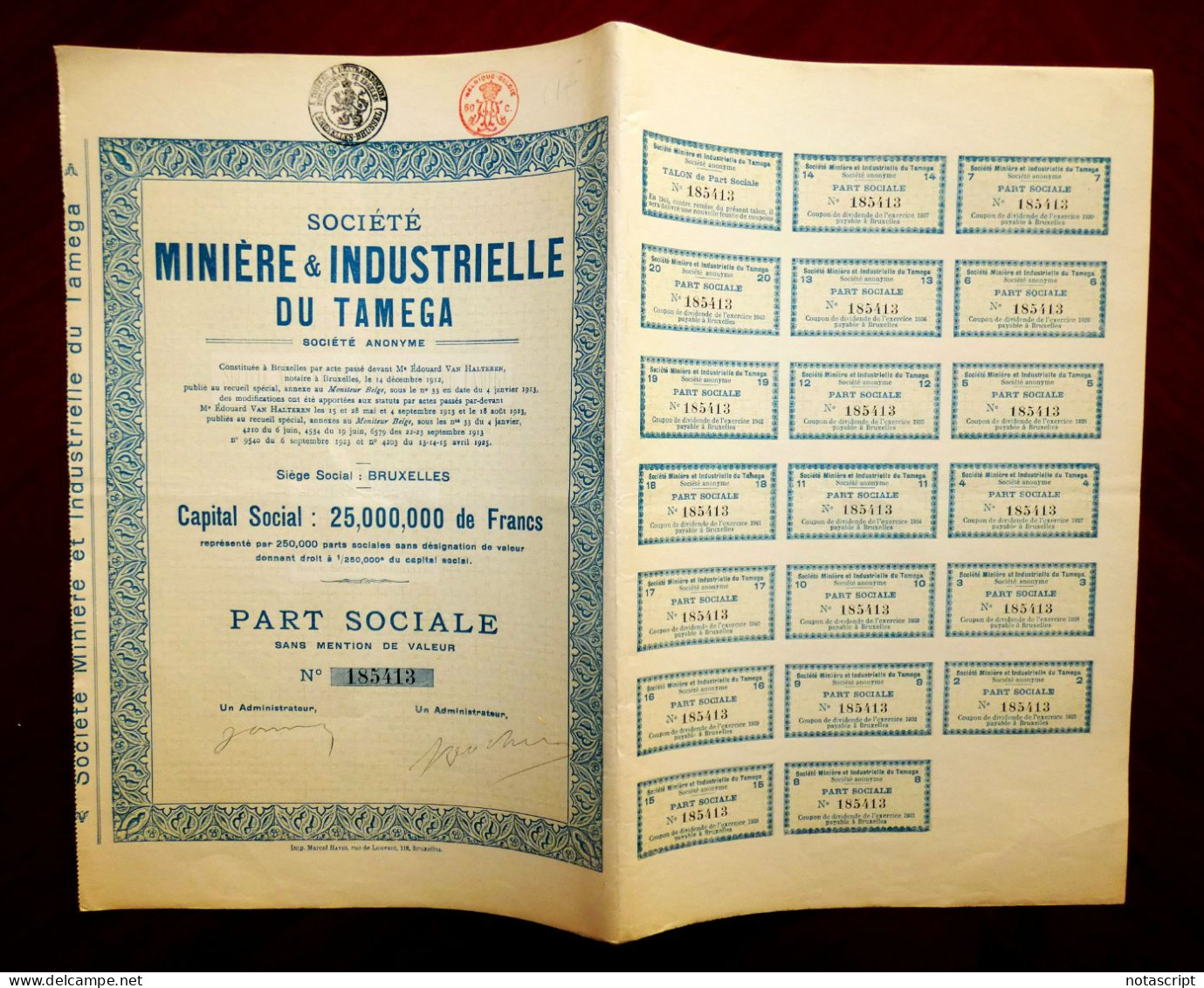 SOCIÉTÉ MINIÈRE & INDUSTRIELLE DU TAMEGA ,Belgium/Portugal ,1925 ,share Certificate - Miniere