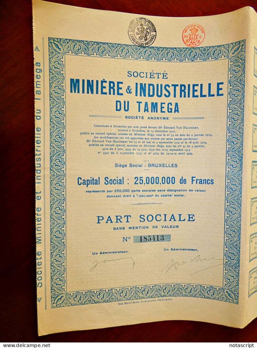 SOCIÉTÉ MINIÈRE & INDUSTRIELLE DU TAMEGA ,Belgium/Portugal ,1925 ,share Certificate - Mijnen
