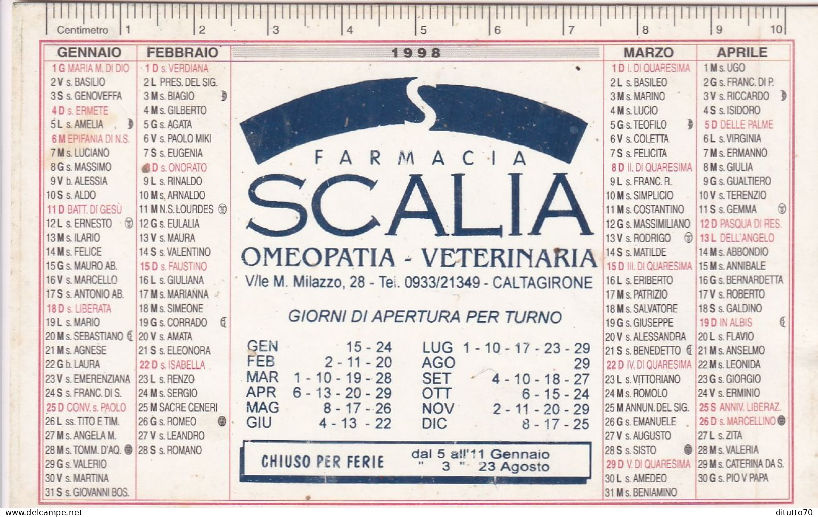 Calendarietto - Farmacia Scalia - Caltagirone - Anno 1998 - Formato Piccolo : 1991-00