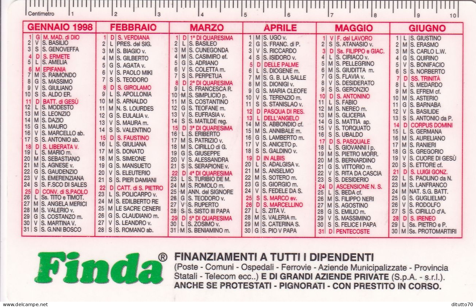 Calendarietto - FINDA - Anno 1998 - Formato Piccolo : 1991-00