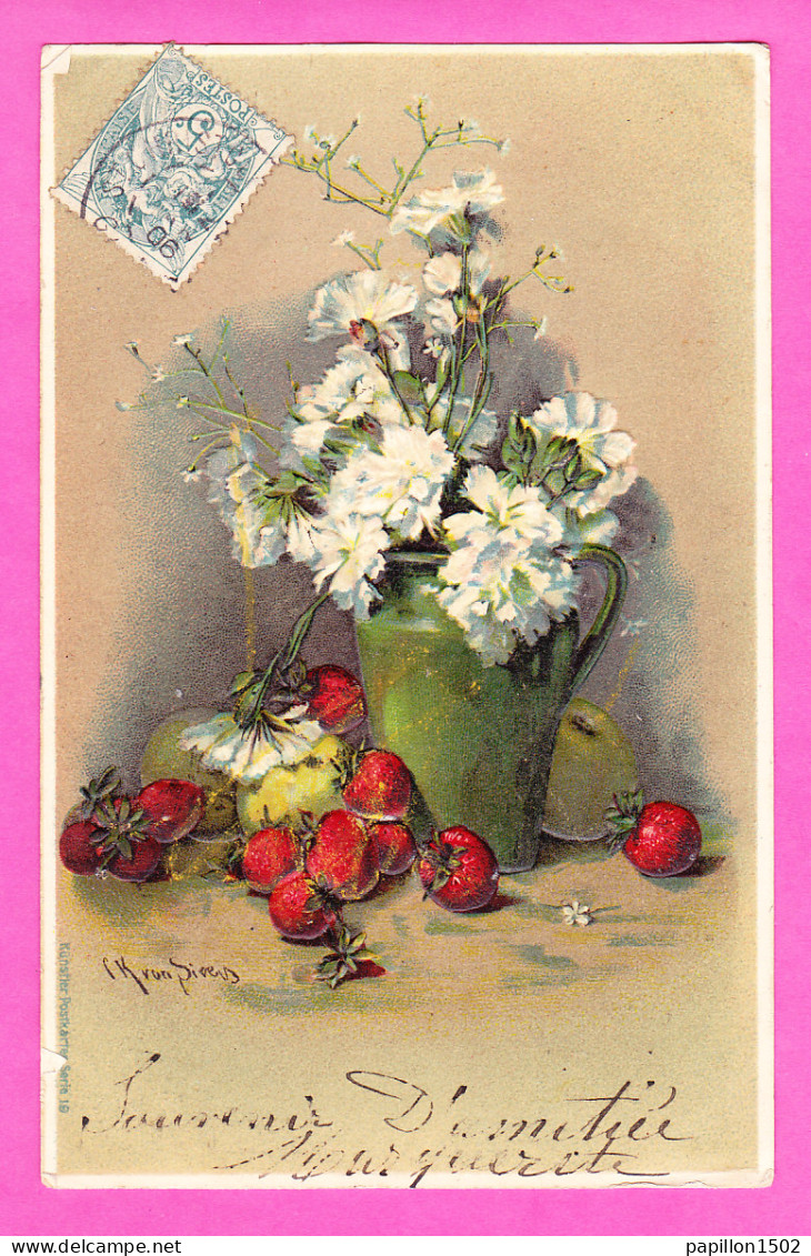 Illust-485P57 Carte Gaufrée, Un Bouquet D'oeillets Dans Un Vase, Des Fraises, Cpa - 1900-1949