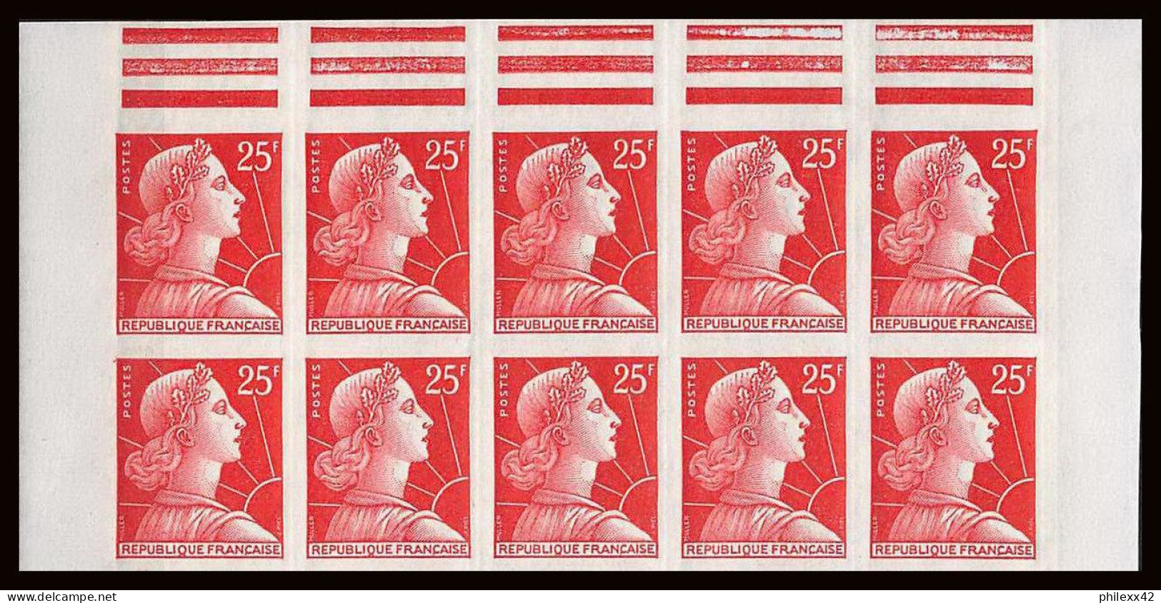 France N°1011C Bloc De 10 Marianne De Muller Non Dentelé ** MNH (Imperf) Cote Maury + 500 Euros - 1951-1960
