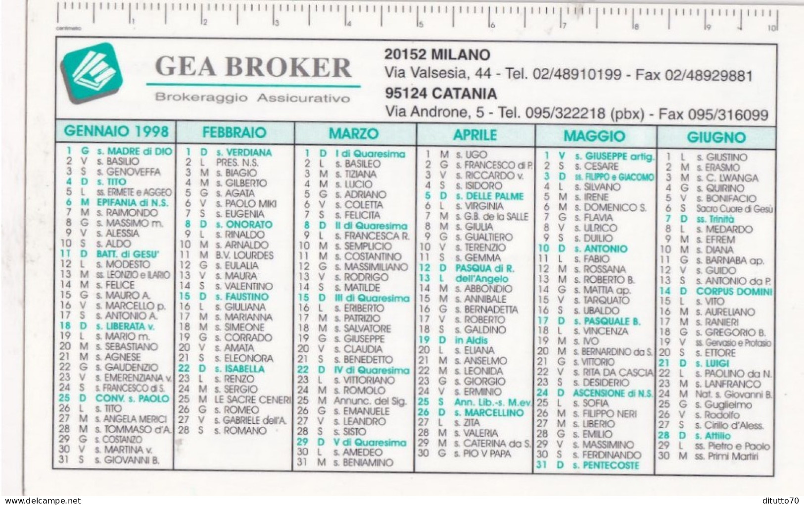 Calendarietto - Gea Brojer - Assicurativo - Milano - Catania - Anno 1998 - Kleinformat : 1991-00