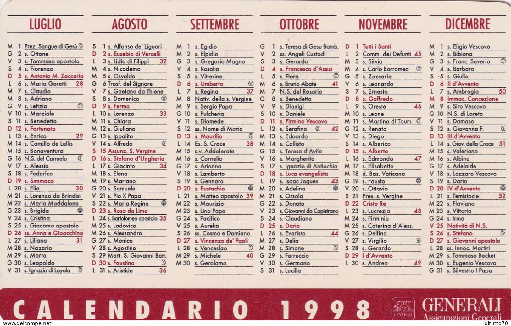 Calendarietto - Generali - Assicurazioni - Anno  1998 - Petit Format : 1991-00