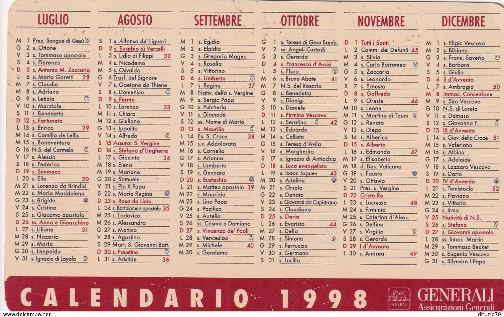 Calendarietto - Generali - Assicurazioni - Anno  1998 - Formato Piccolo : 1991-00