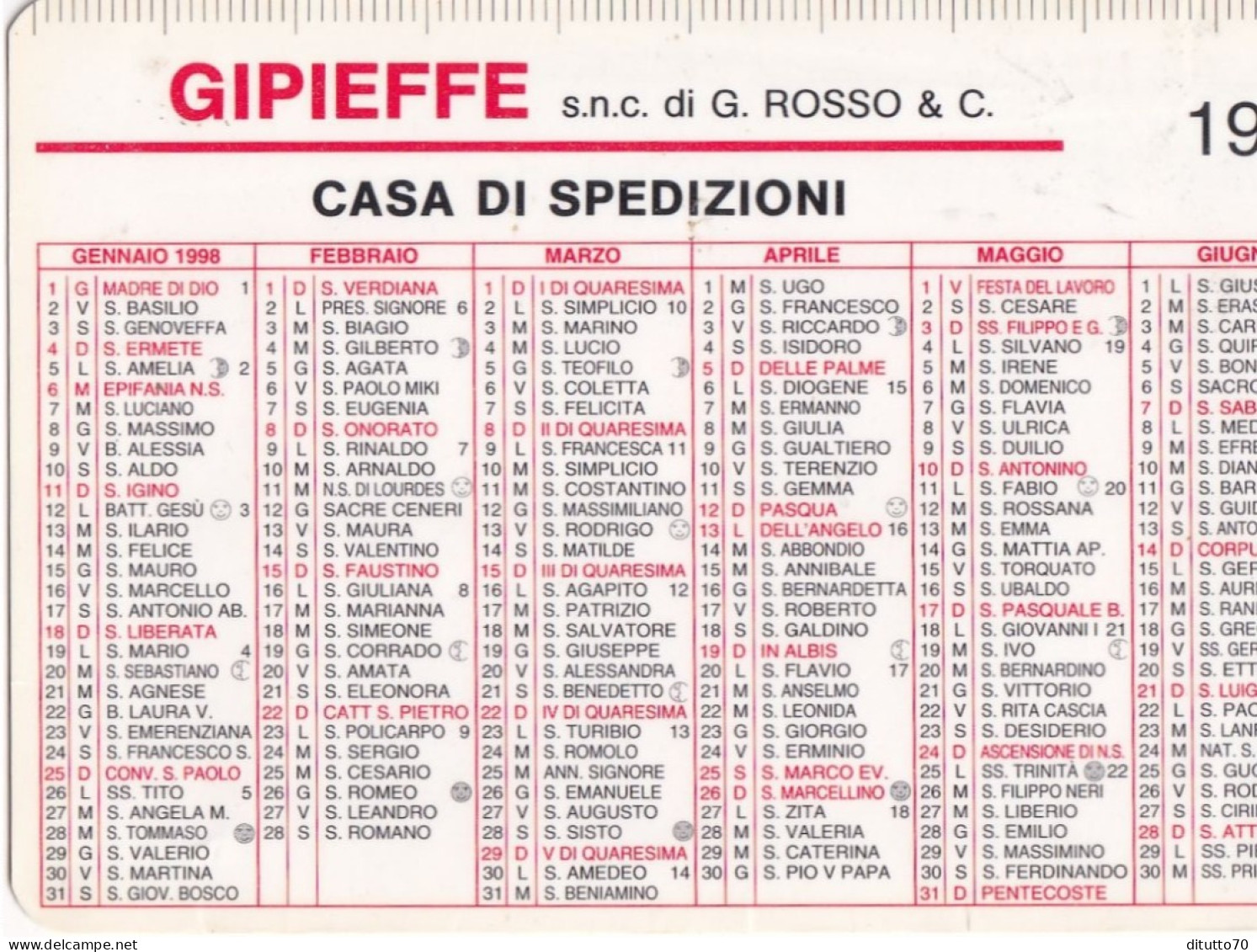 Calendarietto - GIPIEFFE - Casa Di Spedizioni - Anno 1998 - Formato Piccolo : 1991-00