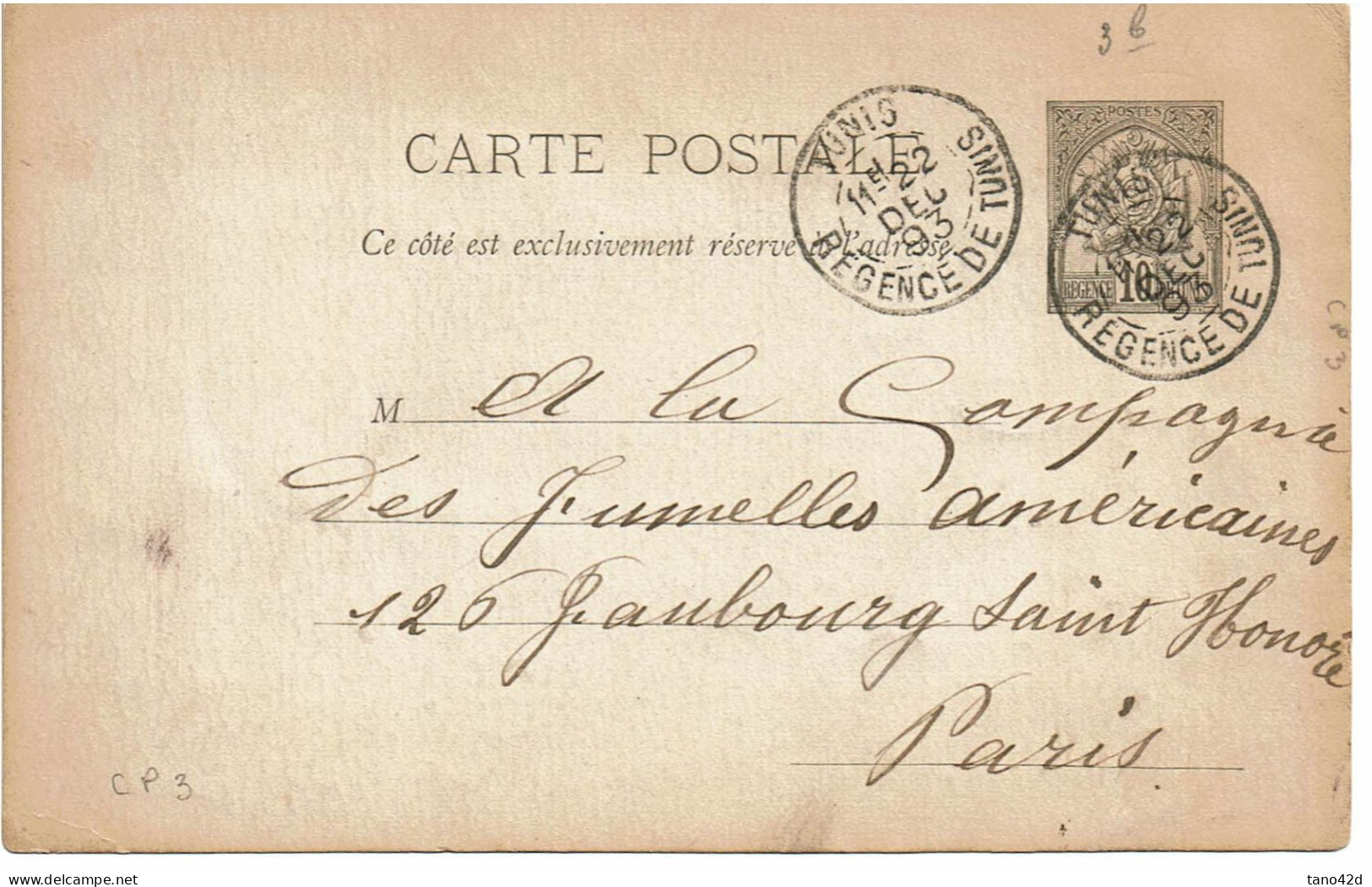 CTN85E - TUNISIE CARTE POSTALE N° 3 TUNIS / PARIS 22/12/1893 - Covers & Documents