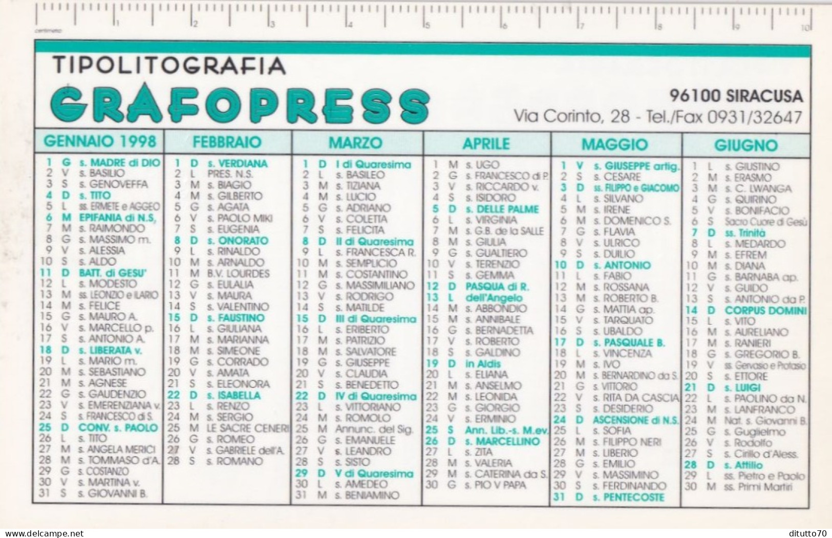 Calendarietto - Grafopress - Siracusa - Anno 1998 - Kleinformat : 1991-00
