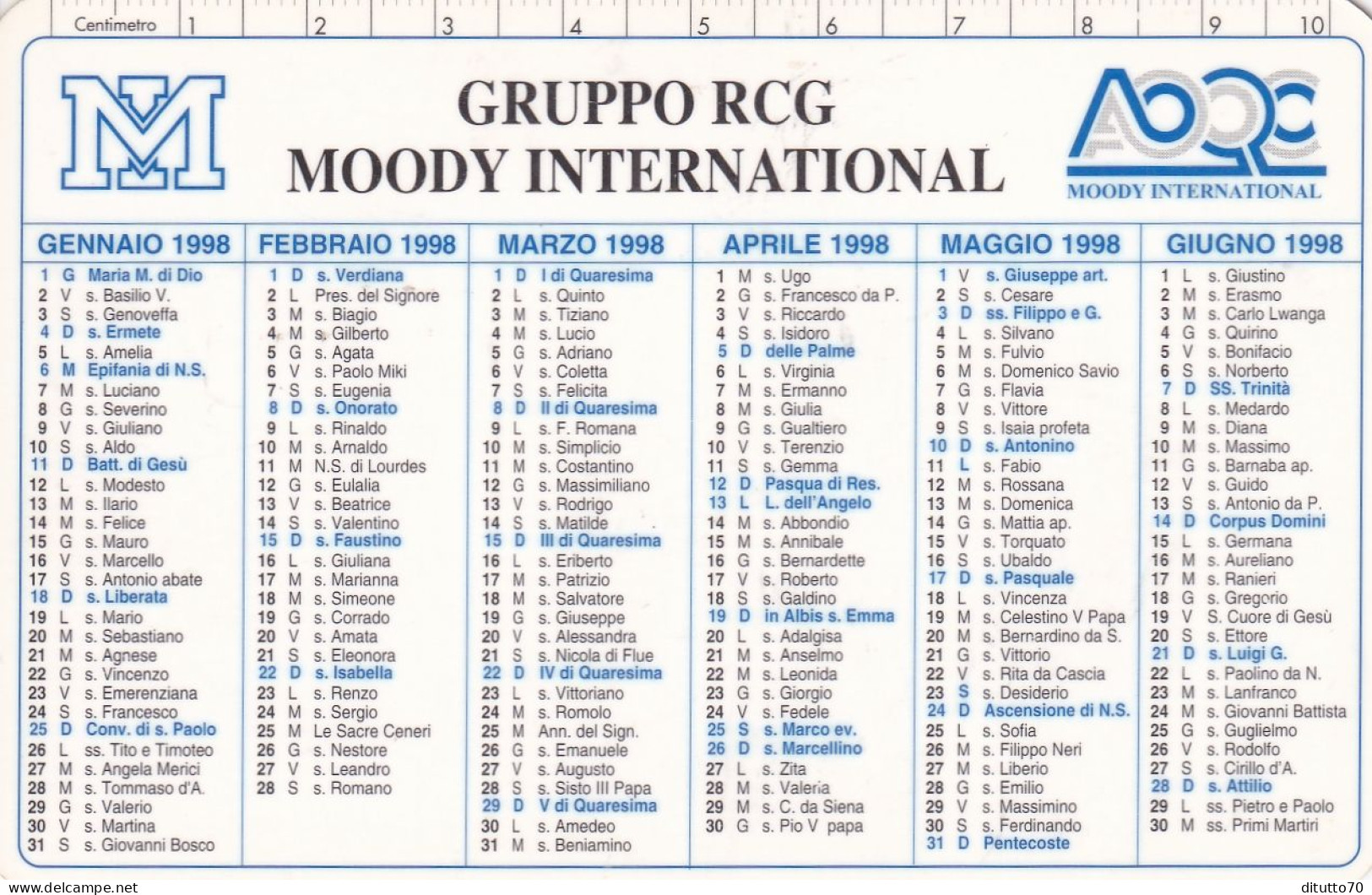 Calendarietto - Gruppo Rcg Moody International - Anno 1998 - Tamaño Pequeño : 1991-00