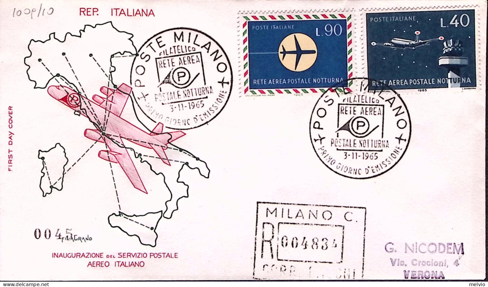 1965-Volo Postale Notturno Serie Completa Su Fdc Raccomandata - Posta Aerea