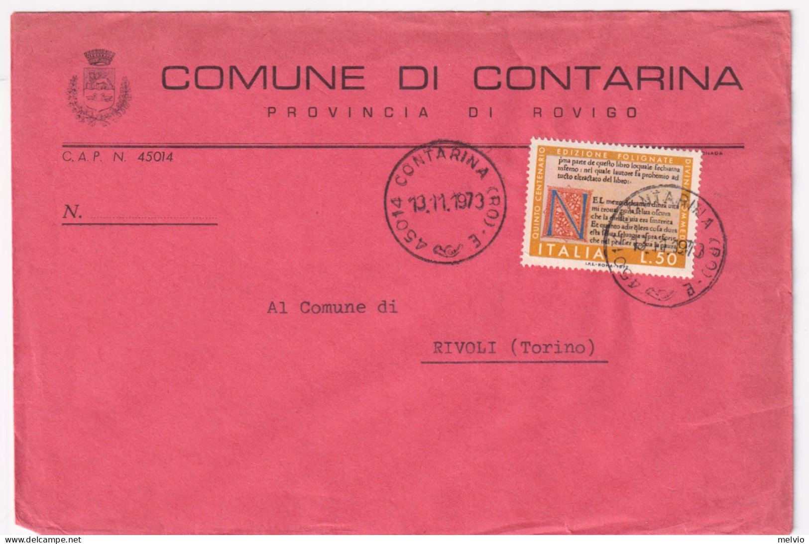 1973-DIVINA COMMEDIA Lire 50 (1186) Isolato Su Busta - 1971-80: Marcophilie