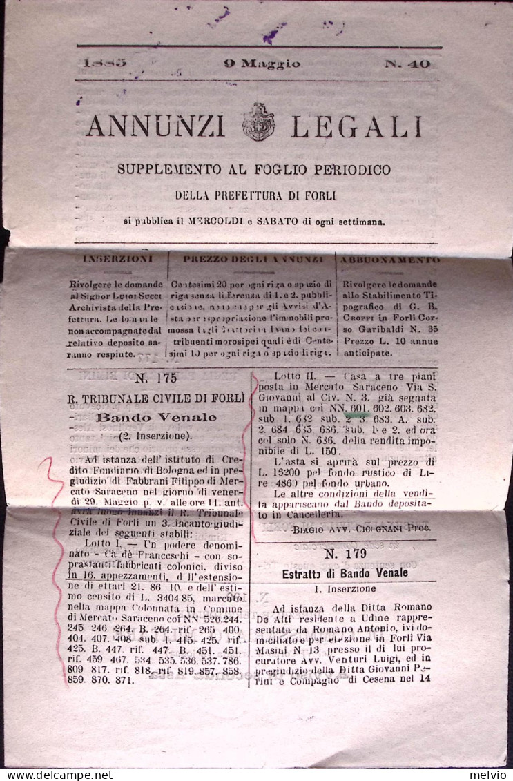 1885-CIFRA C.1 Isolato Su Annunzi Legali Forlì (9.5) - Poststempel