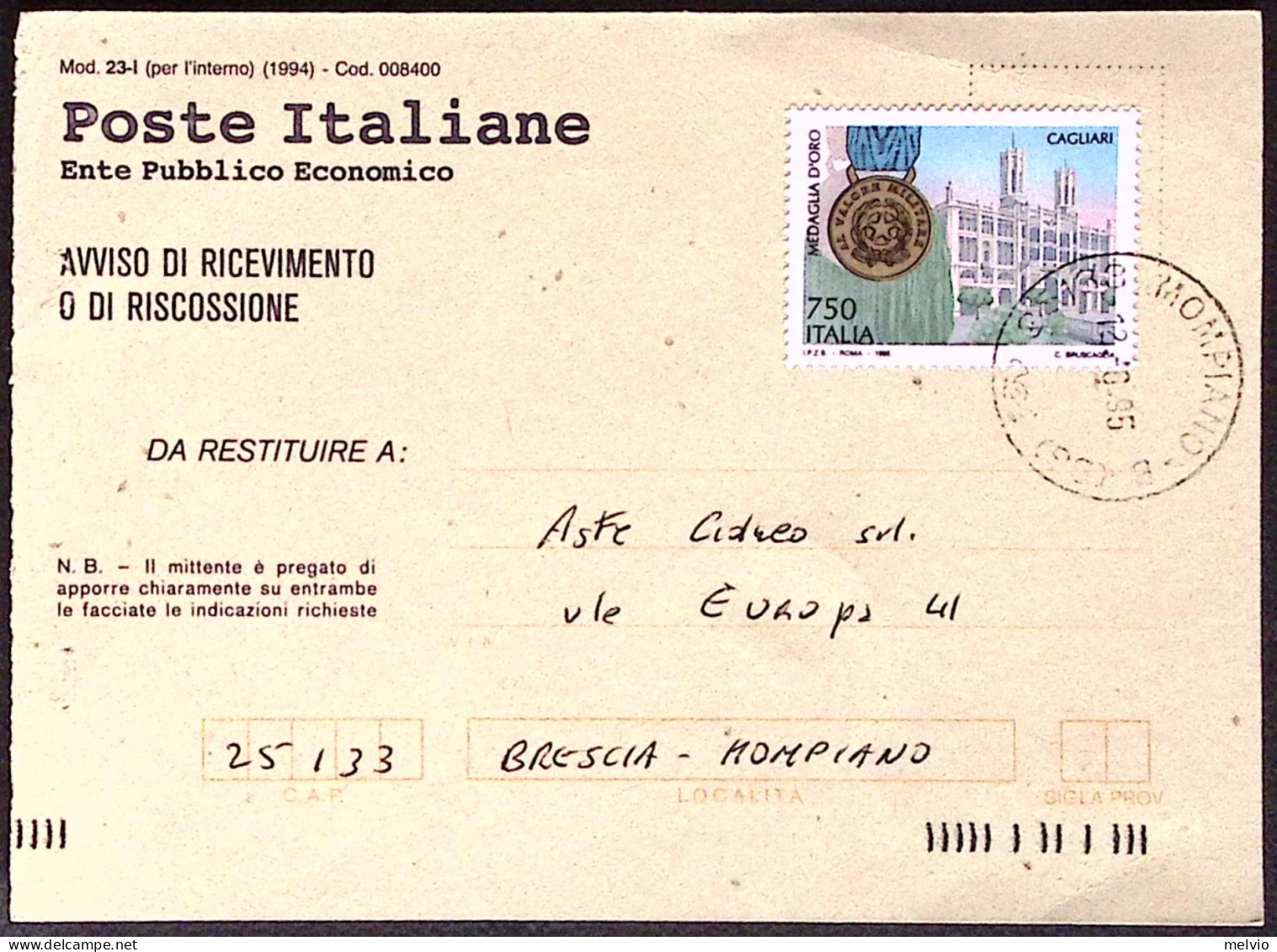 1996-AVVENIMENTI STORICI Cagliari Medaglia D Oro Lire 750 Isolato Su Avviso Rice - 1991-00: Marcophilie