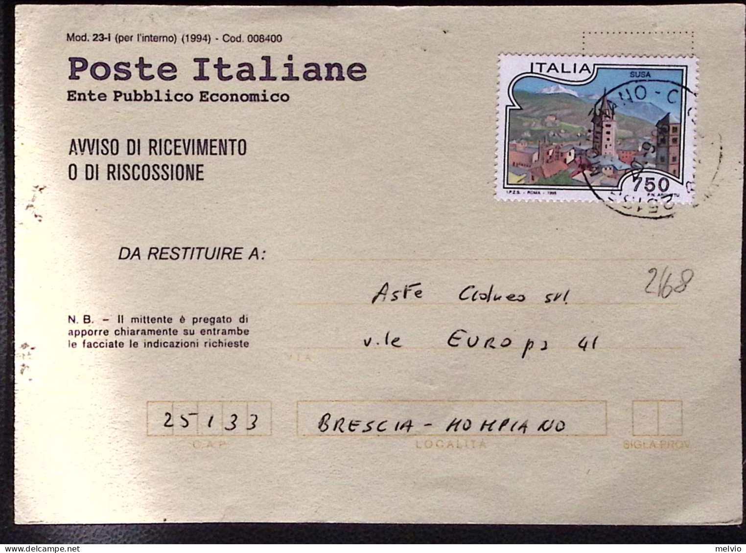 1996-PROPAGANDA TURISTICA Susa Lire 750 Isolato Su Avviso Ricevimento - 1991-00: Marcophilie