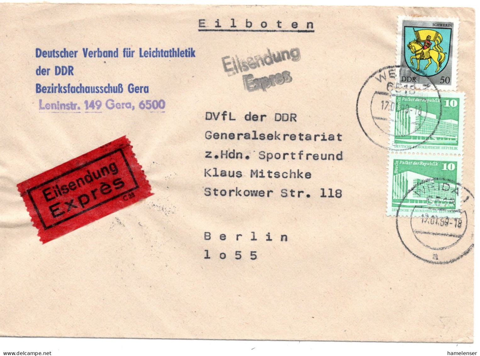 63951 - DDR - 1989 - 50Pfg Wappen MiF A EilBf "Deutscher Verband F Leichtathletik" WEIDA -> BERLIN - Athlétisme