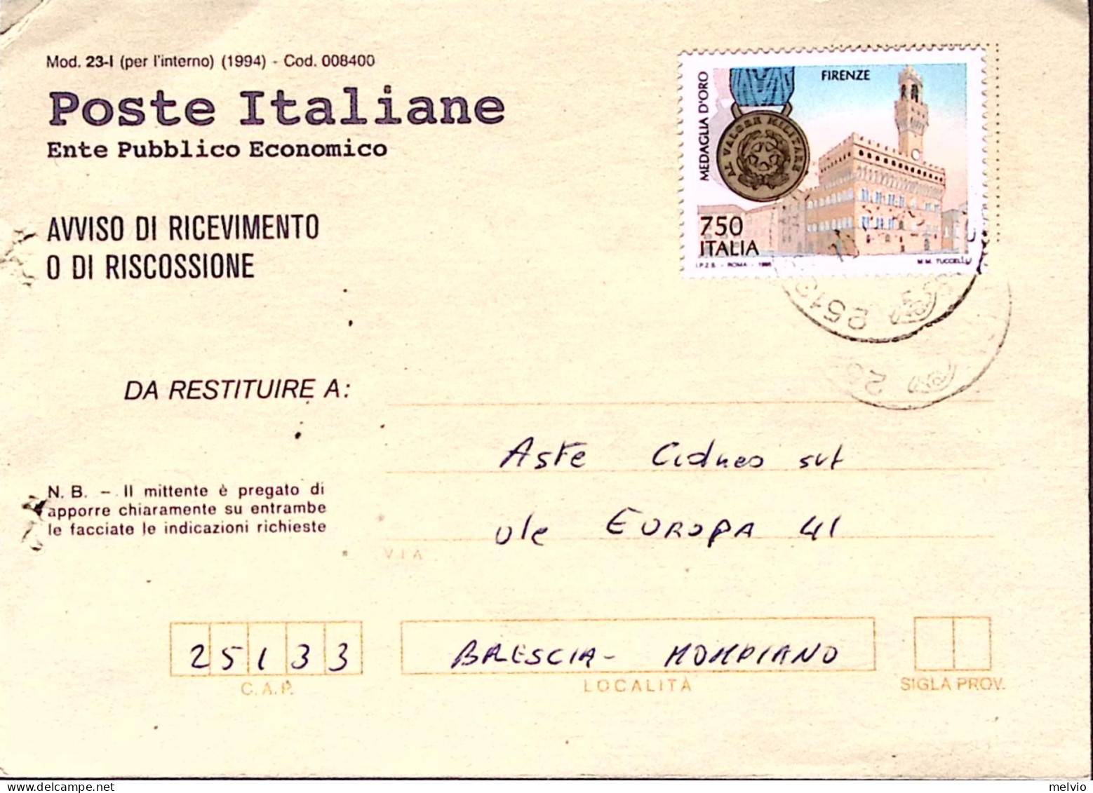 1995-ANNIVERSARI STORICI Firenze M.O. Resistenza Lire 750 Isolato Su Avviso Rice - 1991-00: Marcophilie